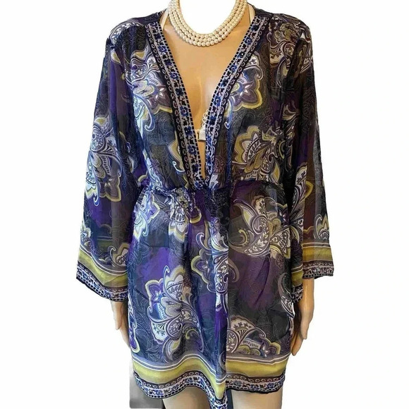 Heirloom Floral Boho Beach Summer Bikini Cover Up Top Women XL-1X Elastic Waist - Picture 1 of 7